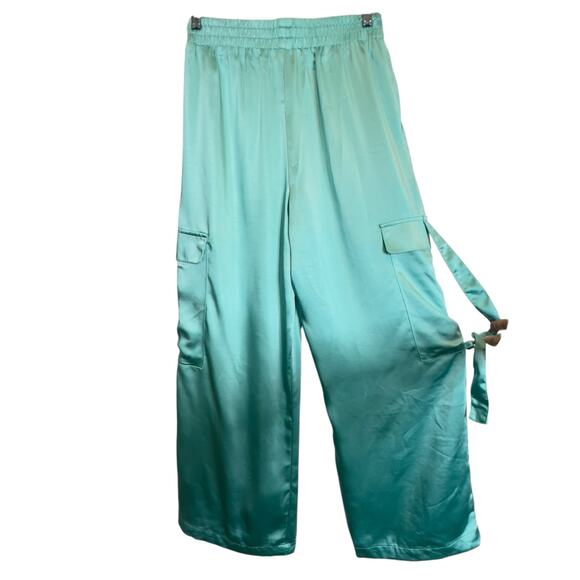 Forever 21 Satin Cargo Pants Womens M Mint Green Blue Utility Wide Leg Hipster - Picture 7 of 13